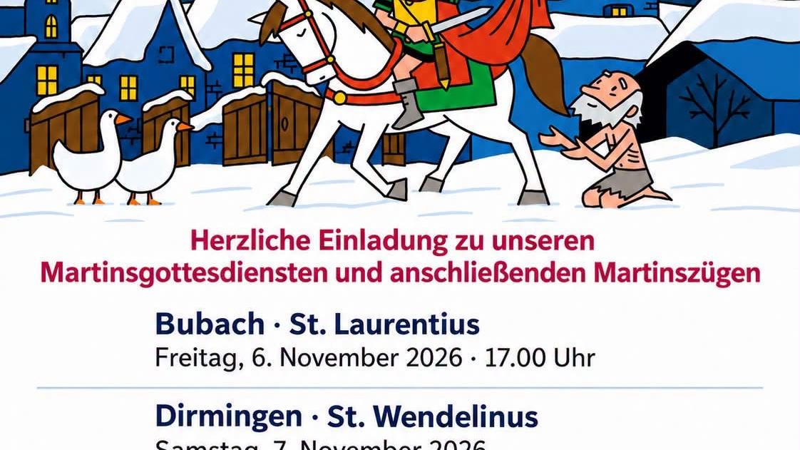 Eine gezeichnete Bilderszene mit St. Martin, dem Bettler und 2 Gänsen, Termine von 3 Martinsgottesdiensten