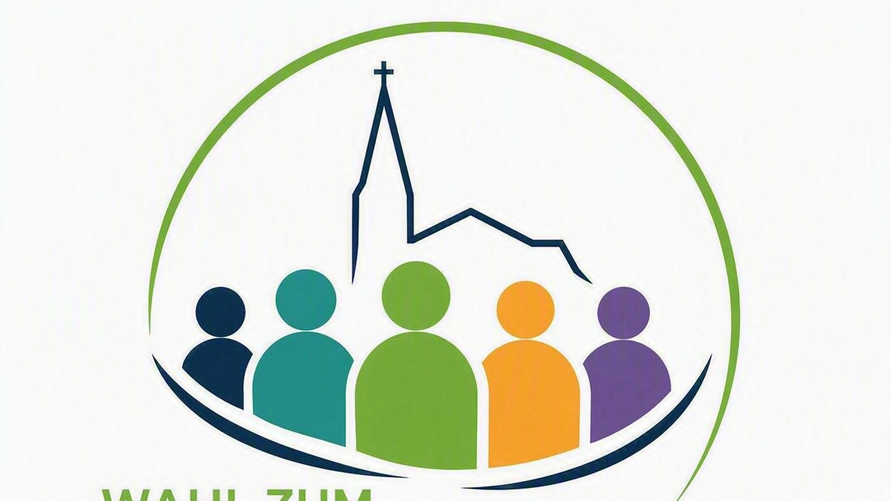 Das Logo zeigt fünf stilisierte Personen in Blau, Türkis, Grün, Orange und Violett. Über den Figuren ist der Umriss einer Kirche mit Kirchturm dargestellt. Ein grüner Kreis umschließt die Darstellung und symbolisiert Gemeinschaft. Unter dem Motiv steht der Schriftzug „Wahl zum Rat des Pastoralen Raums“.