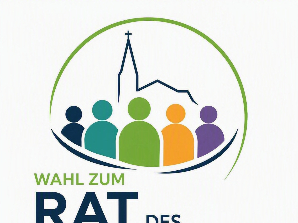 Das Logo zeigt fünf stilisierte Personen in Blau, Türkis, Grün, Orange und Violett. Über den Figuren ist der Umriss einer Kirche mit Kirchturm dargestellt. Ein grüner Kreis umschließt die Darstellung und symbolisiert Gemeinschaft. Unter dem Motiv steht der Schriftzug „Wahl zum Rat des Pastoralen Raums“.
