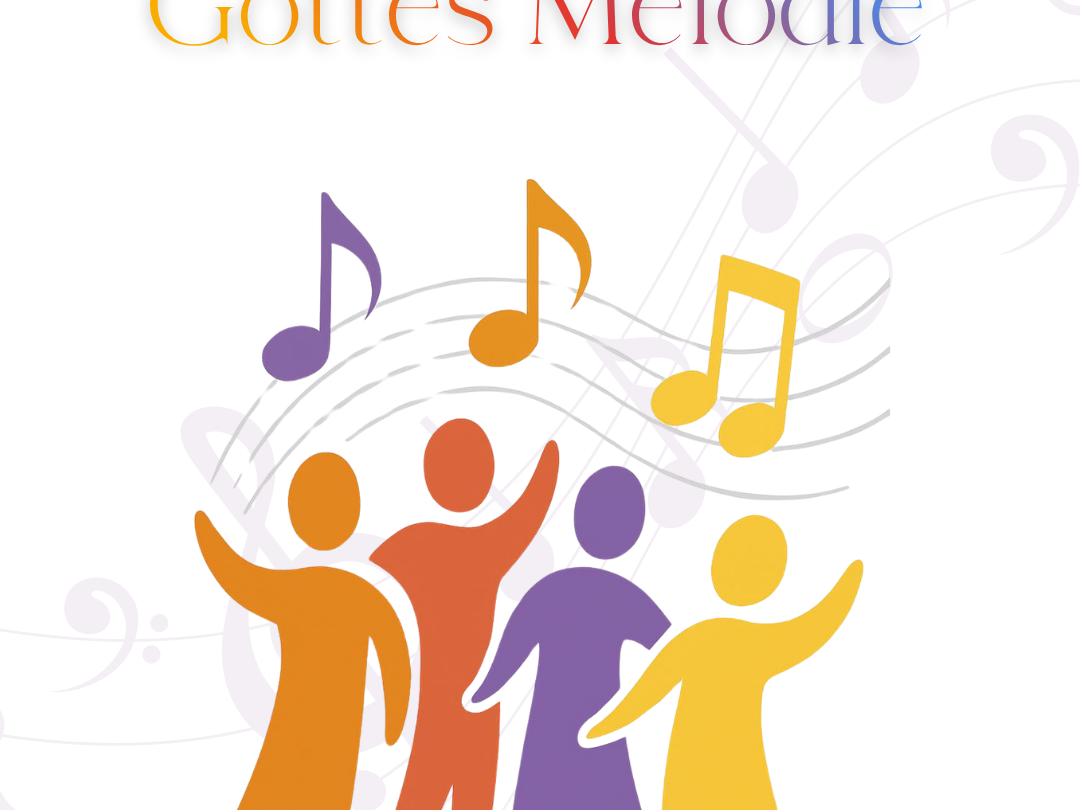 Ein Plakat mit hellem Hintergrund zeigt oben den Titel „Kinderchortag 2026“. Darunter steht in großen, farbig verlaufenden Buchstaben der Satz „Sei eine Note in Gottes Melodie“. Im unteren Bereich sind vier stilisierte Kinderfiguren in den Farben Orange, Rot, Lila und Gelb dargestellt. Die Figuren stehen nebeneinander, heben teilweise die Arme und wirken wie beim gemeinsamen Singen. Über ihnen verlaufen geschwungene Notenlinien mit bunten Musiknoten. Im Hintergrund sind dezente, große Notensymbole angedeutet. Unten auf dem Plakat befindet sich das Logo und der Schriftzug „Katholische Kirche – Pastoraler Raum Lebach“.